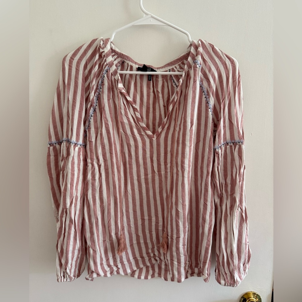 PAIGE Pink and White Striped V-Neck Peasant Top